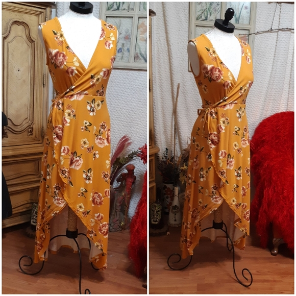 Womens Dress Autumn High Low B30 open front leg sz L Justice Gold flower print - Picture 2 of 6